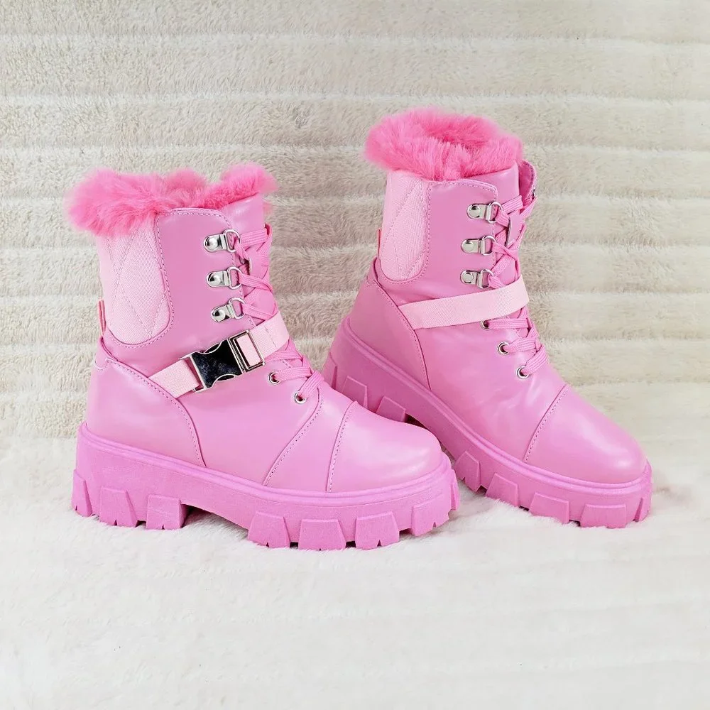 Diggs Baby Pink Furry Cuff Lace Up Combat Ankle Boots
